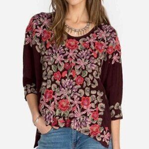 Johnny Was Burgundy Colour Top with Embroidered Floral Designs